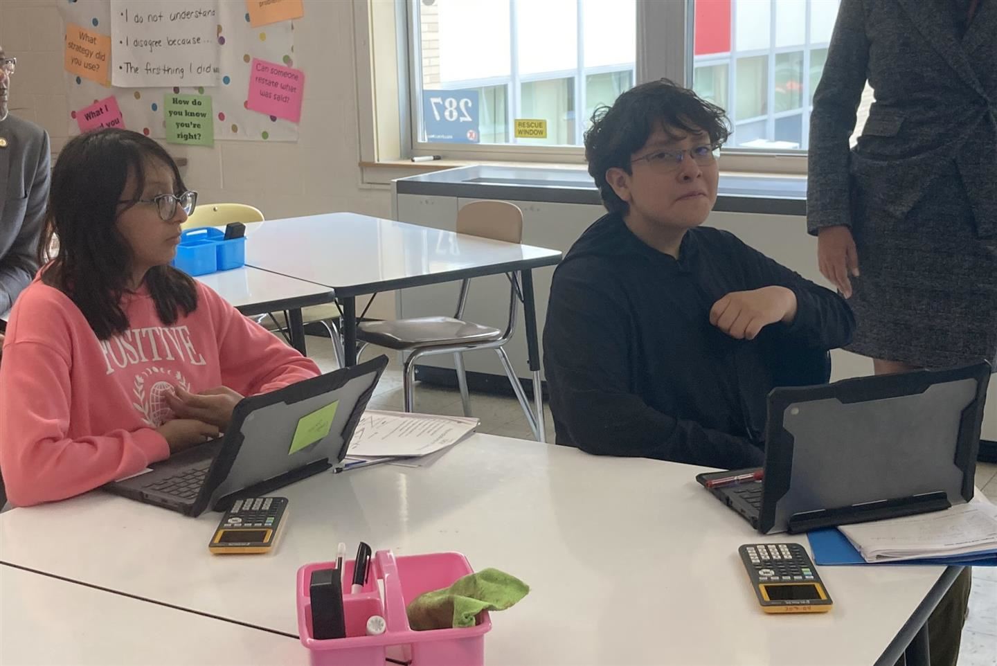 Camila Juarez and Wally Garcia, both from Poughkeepsie, sit together in a P-TECH class.